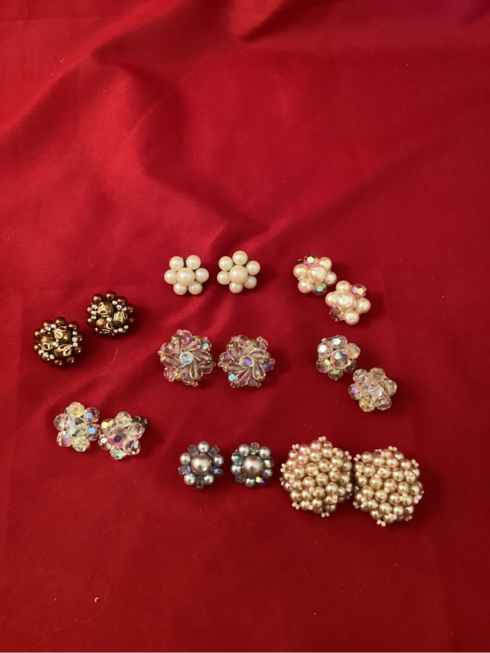 8 pairs of Assorted Pearl and Crystal Cluster clip on earrings